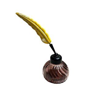 Vintage Avon Glass Ink Bottle With Yellow Feather Quill Pen Set - Empty